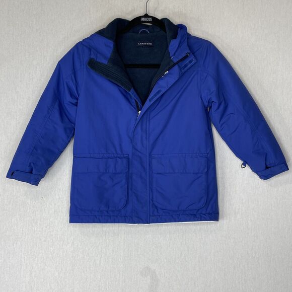 Lands' End Boy Coat Jacket SZ Large 6X 7 Blue Sherpa Lined Hooded Squall Winter
